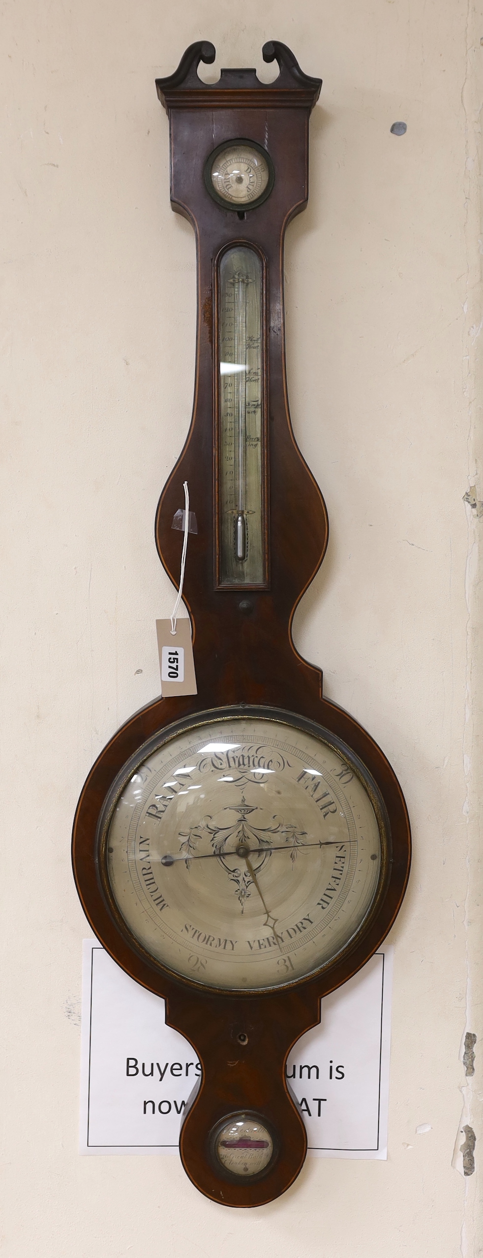 A 19th century mahogany wheel barometer, 107cm long